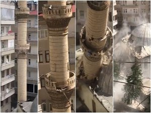 Depremde ağır hasar alan caminin minaresi kontrollü bir şekilde yıkıldı