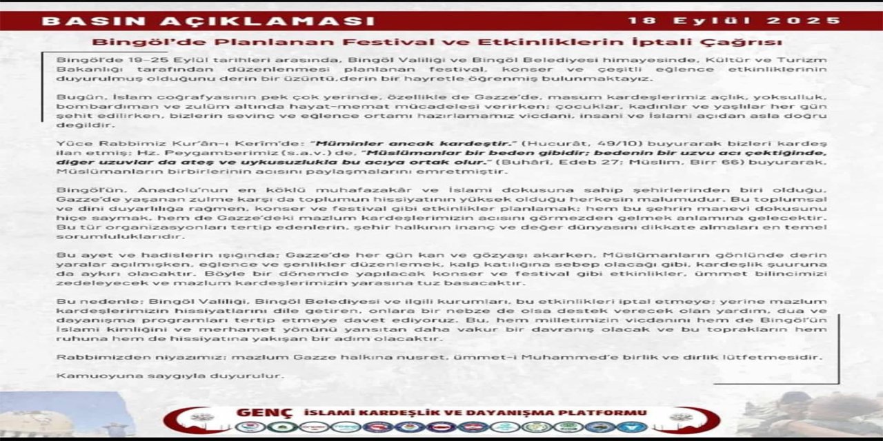 Bingöl İslami Kardeşlik Platformu’ndan festival ve konserlerin iptali çağrısı