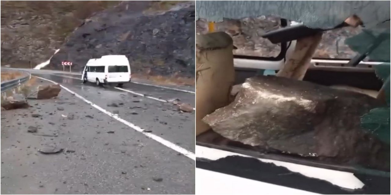 Yolcu minibüsünün üzerine kaya düştü: 3 yaralı