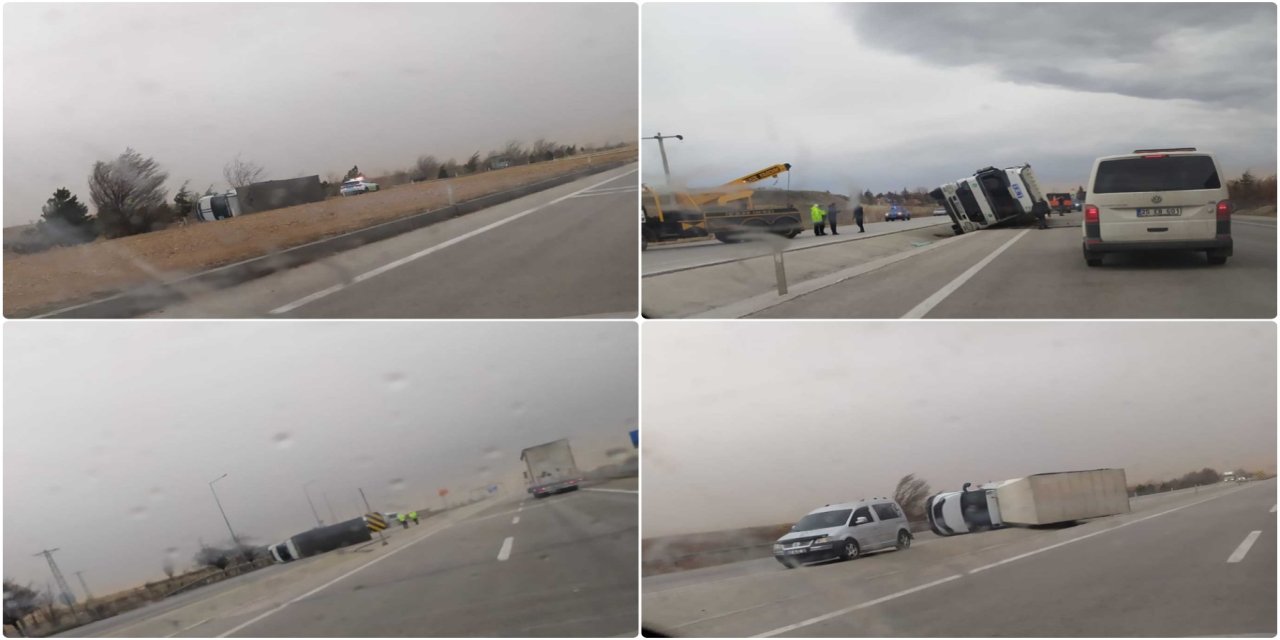 Konya’da şiddetli rüzgâr nedeniyle çok sayıda tır devrildi