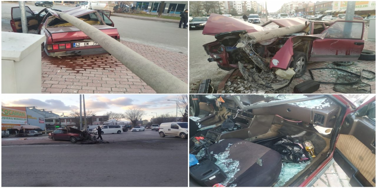 Konya’da kontrolden çıkan otomobil direğe çarparak durabildi