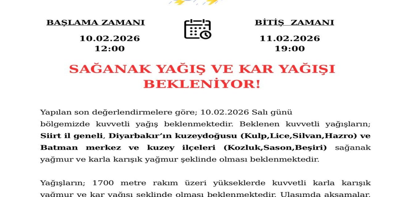 Batman ve çevresi için kuvvetli yağış ve kar uyarısı