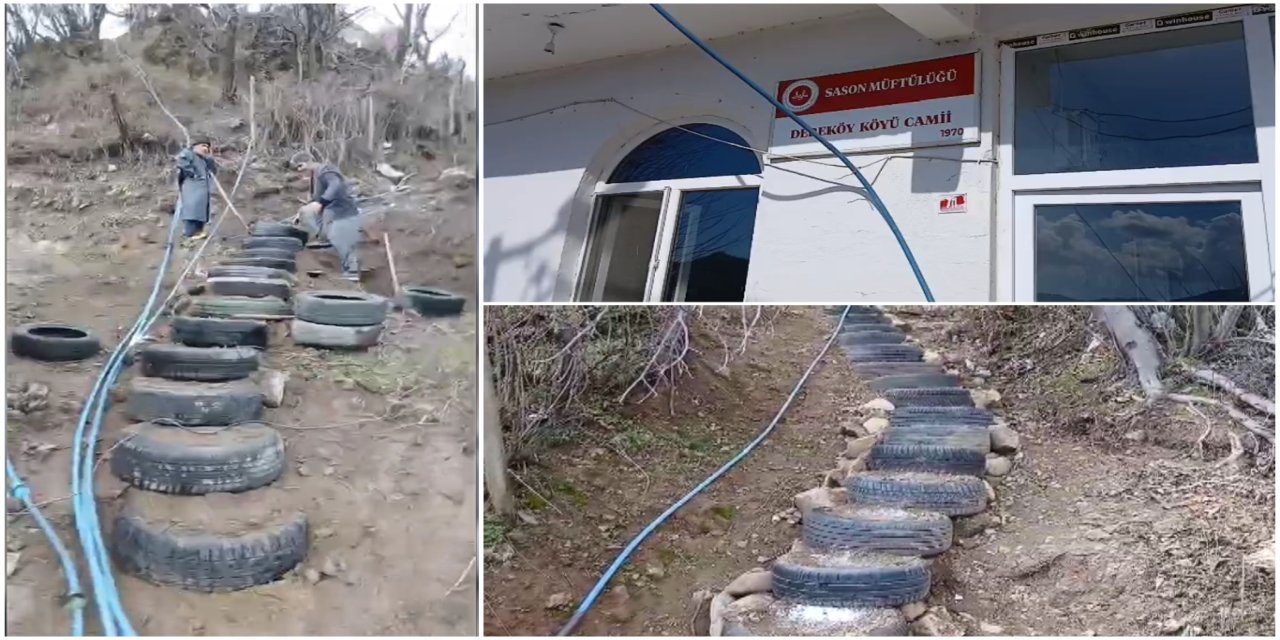 Batman'da mahalle sakinleri araba lastiklerinden camiye merdiven yaptı