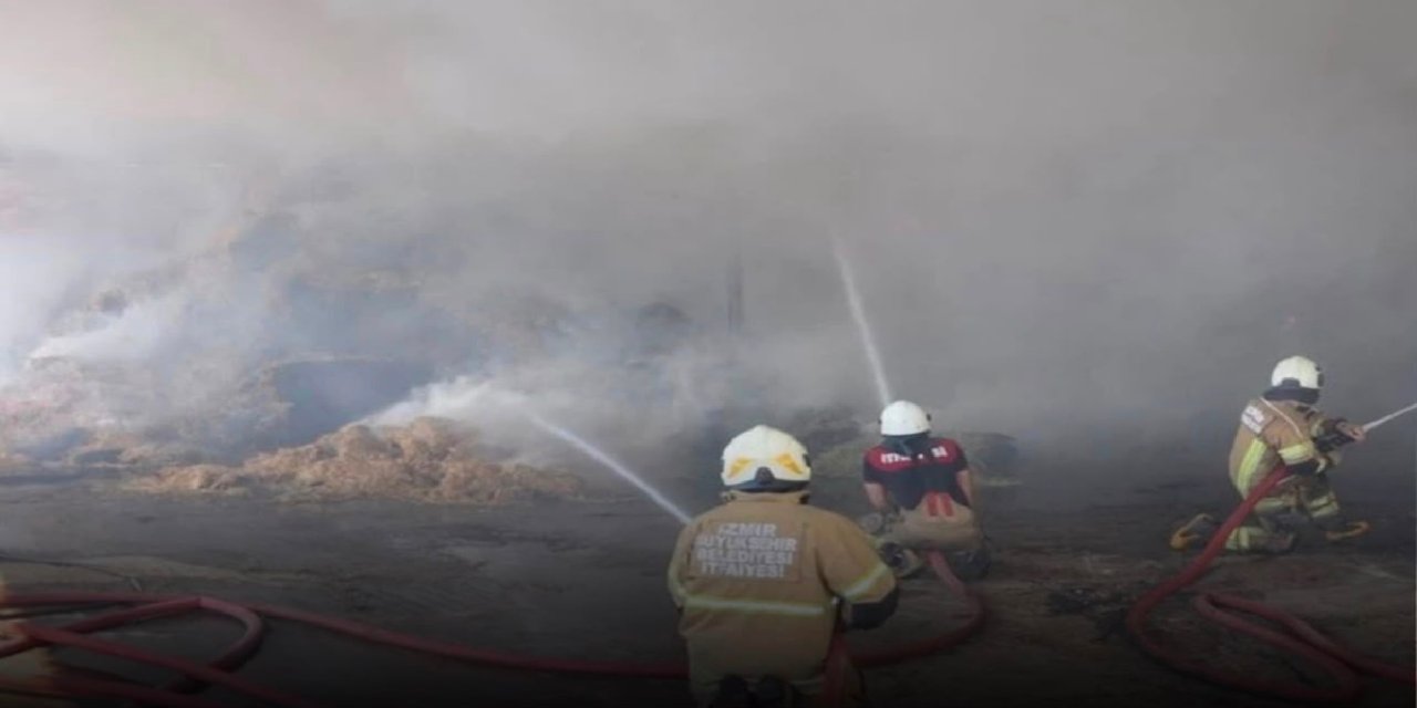 Ödemiş'te besi çiftliğinde çıkan yangında saman balyaları kül oldu