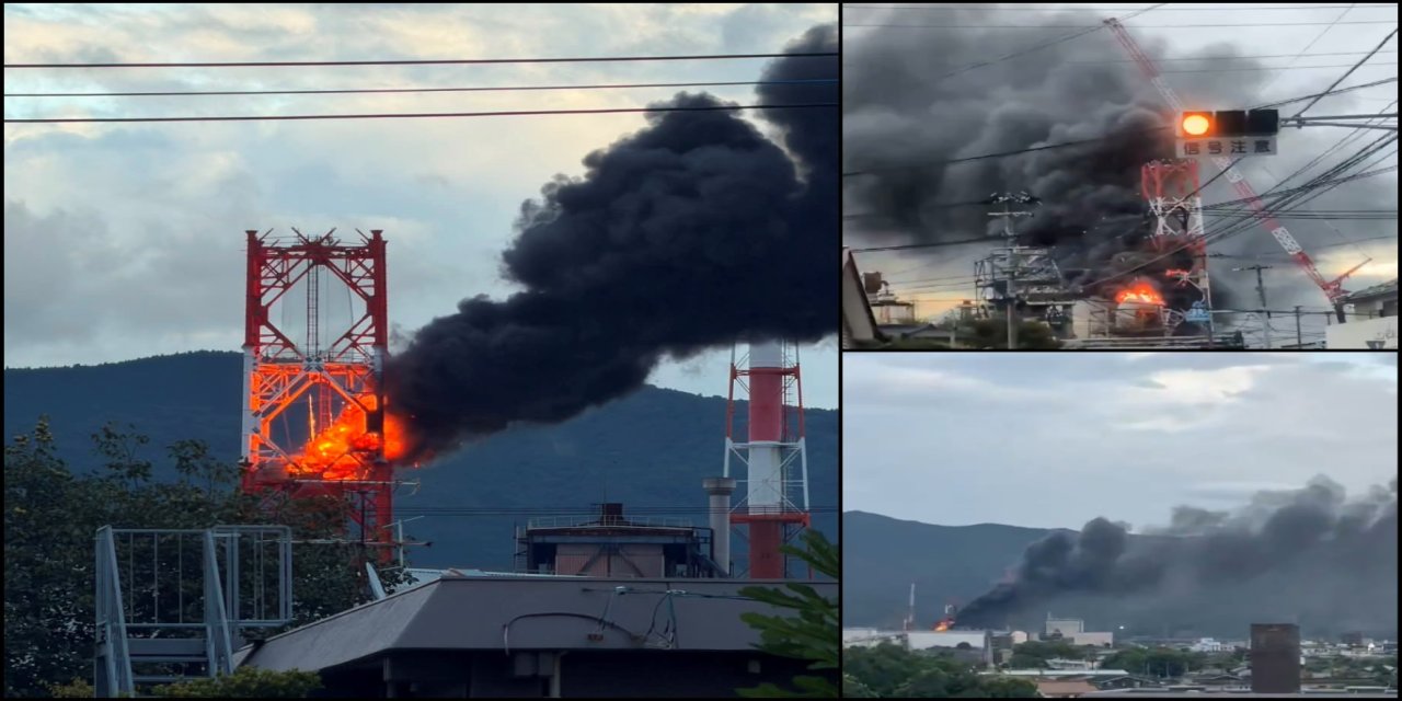 Japonya'da depremde hasar gören fabrikanın bacasında yıkım sırasında yangın çıktı