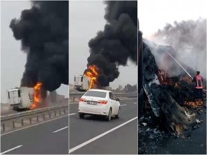 Portakal yüklü TIR aniden alev aldı