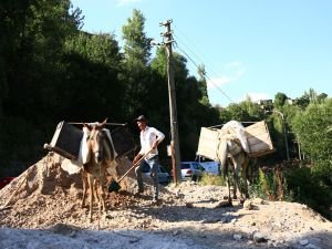 Kanalizasyon yapımı için at sırtında malzeme taşınıyor