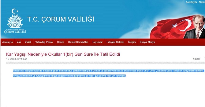 Çorum'da yarın okullar 1gün Süre İle Tatil Edildi