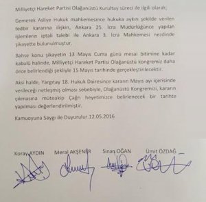 MHP'de muhalif isimlerden bildiri