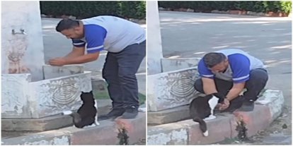 Bursa’da merhamet dolu anlar: Susayan kediye eliyle su içirdi
