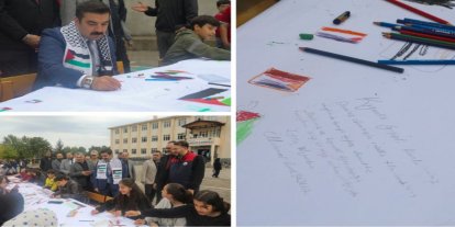 Bingöl’de anlamlı etkinlik: Öğrenciler Filistinli emsalleri için 100 metrelik dev tuvale resim çizdi