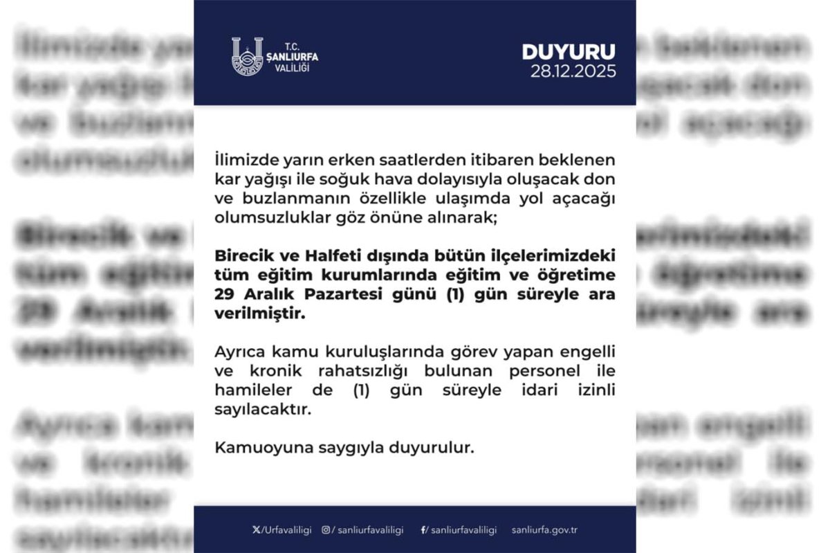 Şanlıurfa’da kar ve buzlanma nedeniyle eğitime ara verildi
