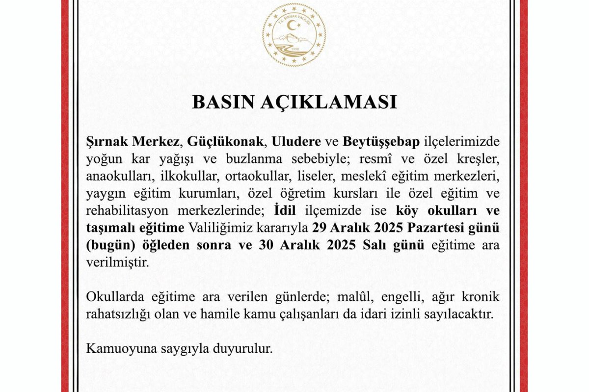 Şırnak’ta okullara kar tatili