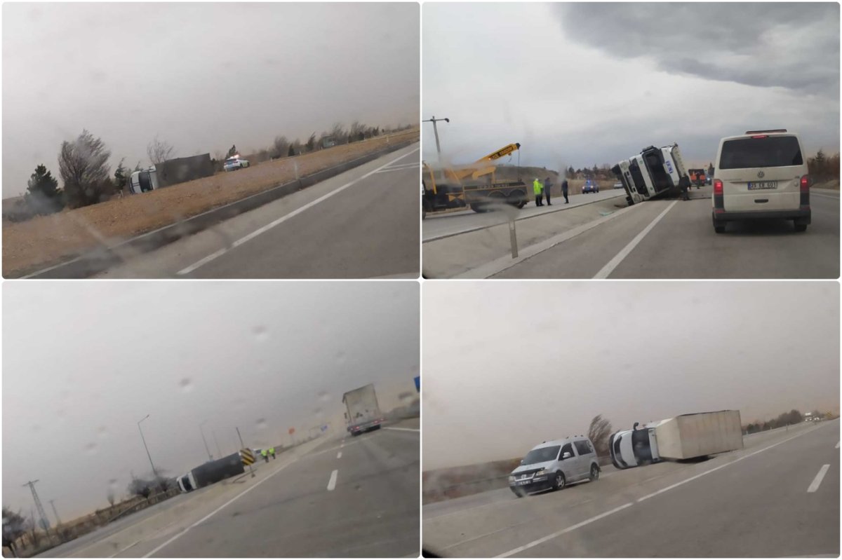 Konya’da şiddetli rüzgâr nedeniyle çok sayıda tır devrildi