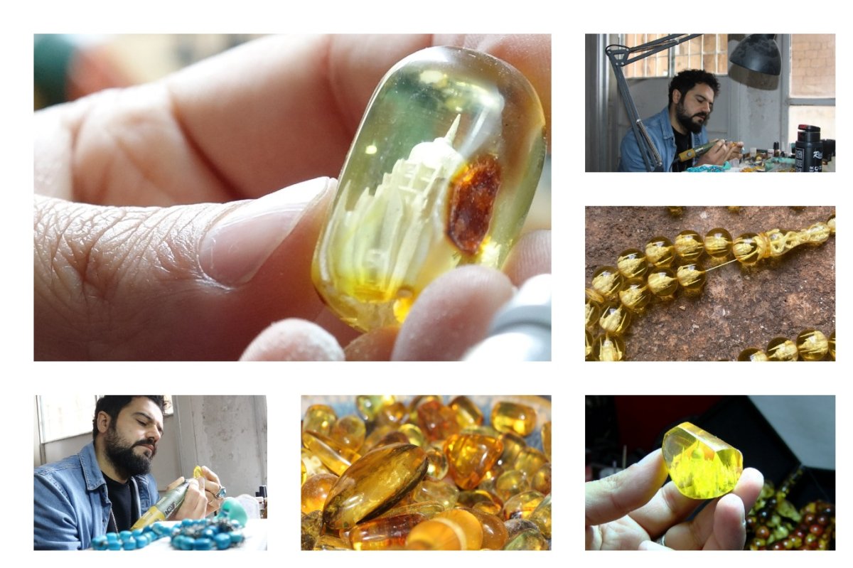 Tarihi cami siluetlerini tesbih tanelerine işliyor