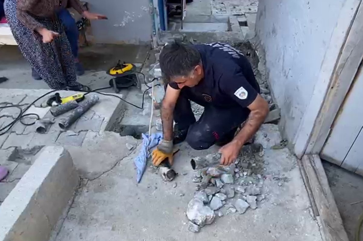 Su tahliye borusunda mahsur kalan yavru kedi kurtarıldı