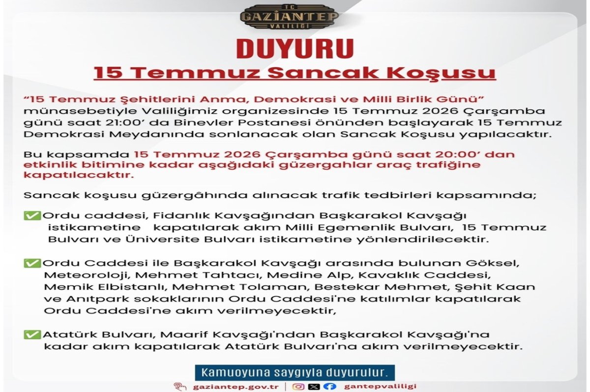 Gaziantep'te 15 Temmuz da bazı yollar trafiğe kapatılacak